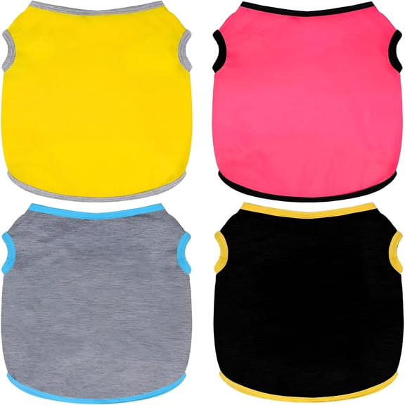 GASTROPOD 4 Pack Breathable Dog Shirts for Small Dogs, Sleeveless Puppy Clothes and Cat Outfits, DIY Pattern Pet Tees in Black, Gray, Yellow, Rose Red