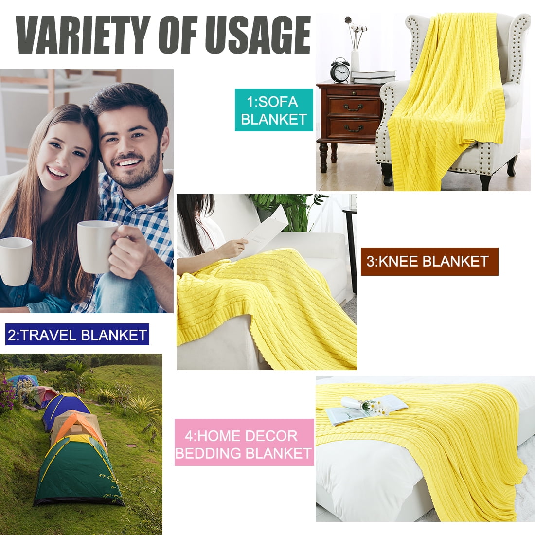 Unique Bargains 100% Cotton Cable Knit Throw Bed Blanket Yellow 51" x 59"