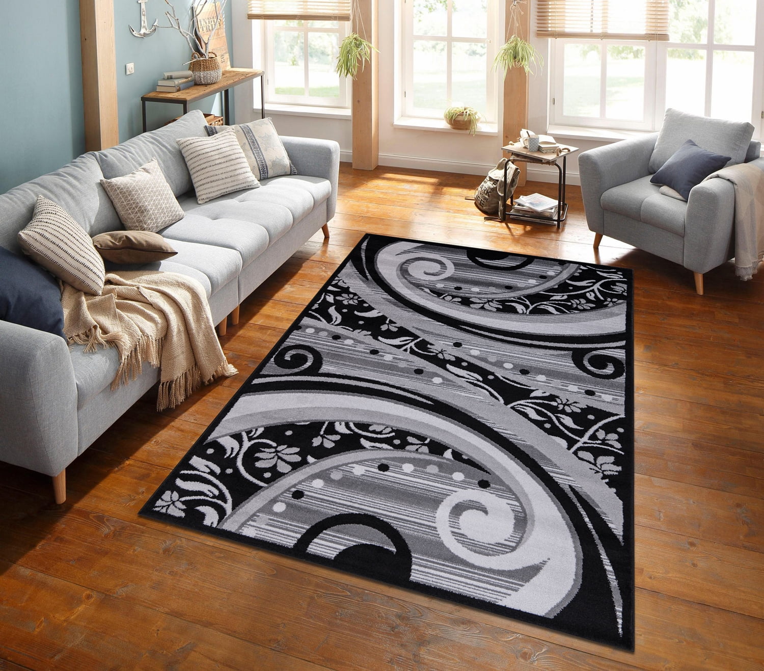 Store Rectangular Area Rug for Living Room, Abstract Black/Grey 2x7 Modern Rugs, Easy to Clean, Pet Friendly Indoor Carpet for Living Room3987 Orren E