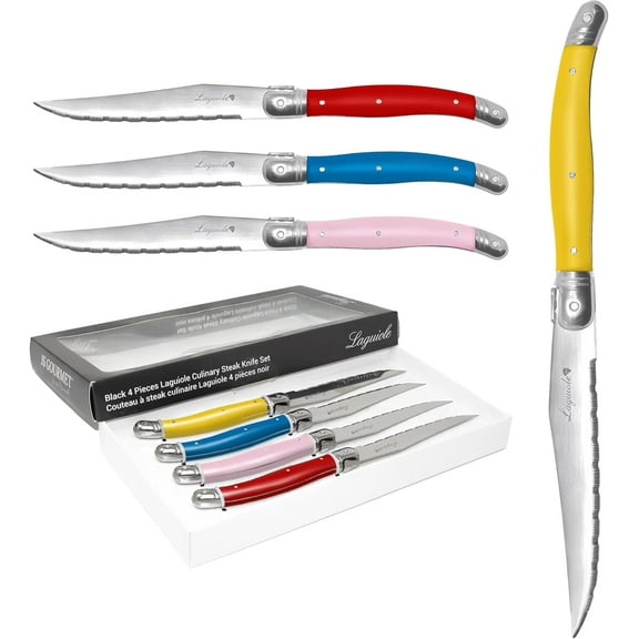 JS Gourmet Laguiole Steak Knives Set of 4, Stainless Steel Serrated Blade Edge French Steak Knives