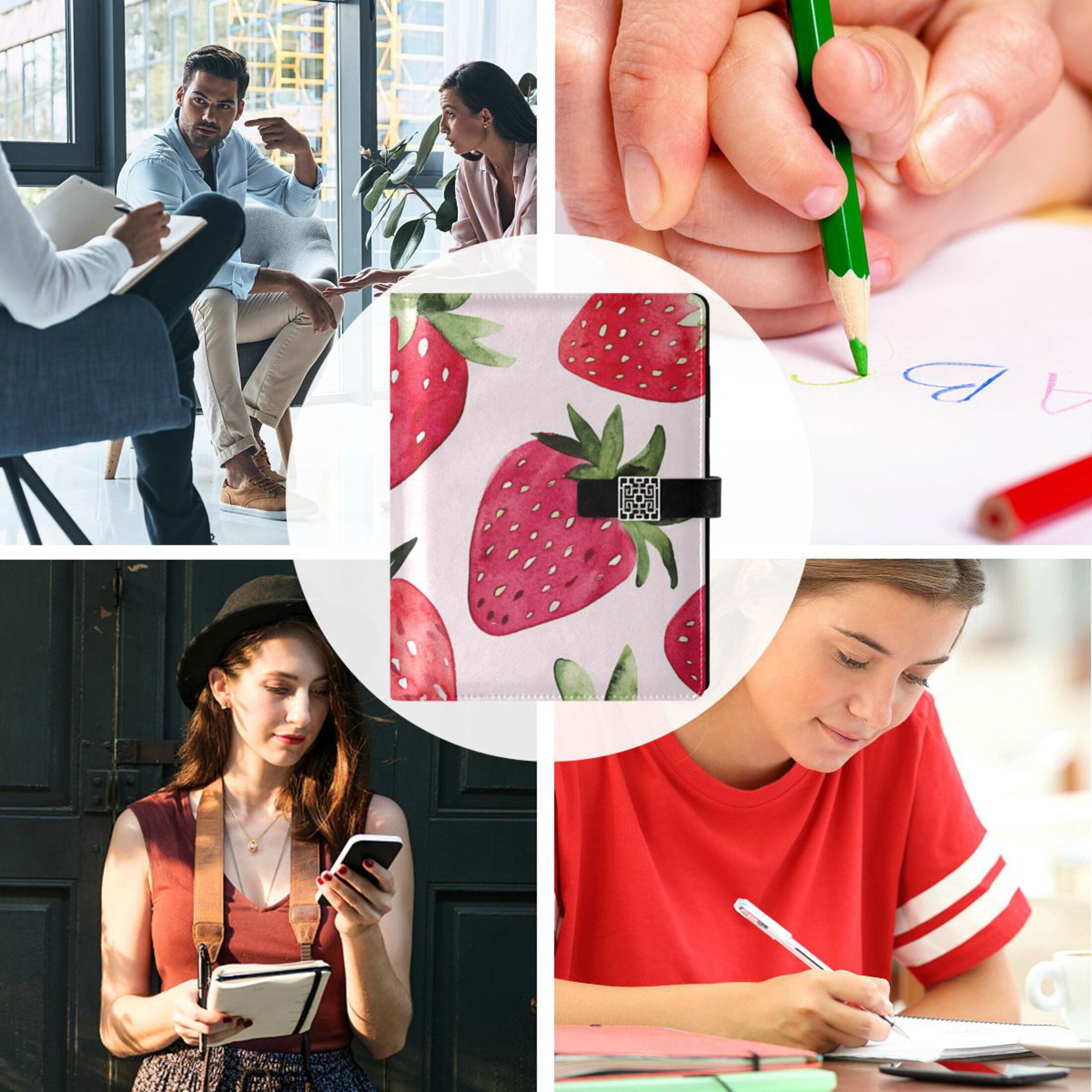 Watercolor Pink Strawberry Leather Journal Notebook for Men Women A5 Hardcover Notebook with Pockets for Work Business Travel