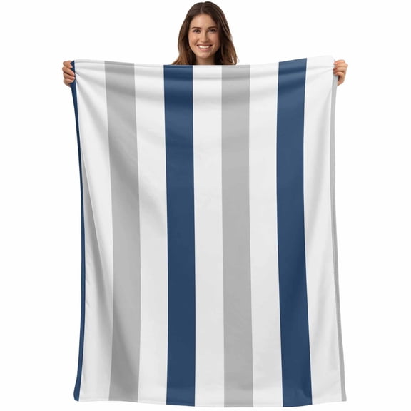 Flannel Fleece Throw Blanket Navy Blue Stripe Gray Linen Lightweight Soft Plush Blankets,Geometric Minimalist Style Cozy Warm Throw Blanket for Couch Sofa Bed Car Office All Season Use 40x50in
