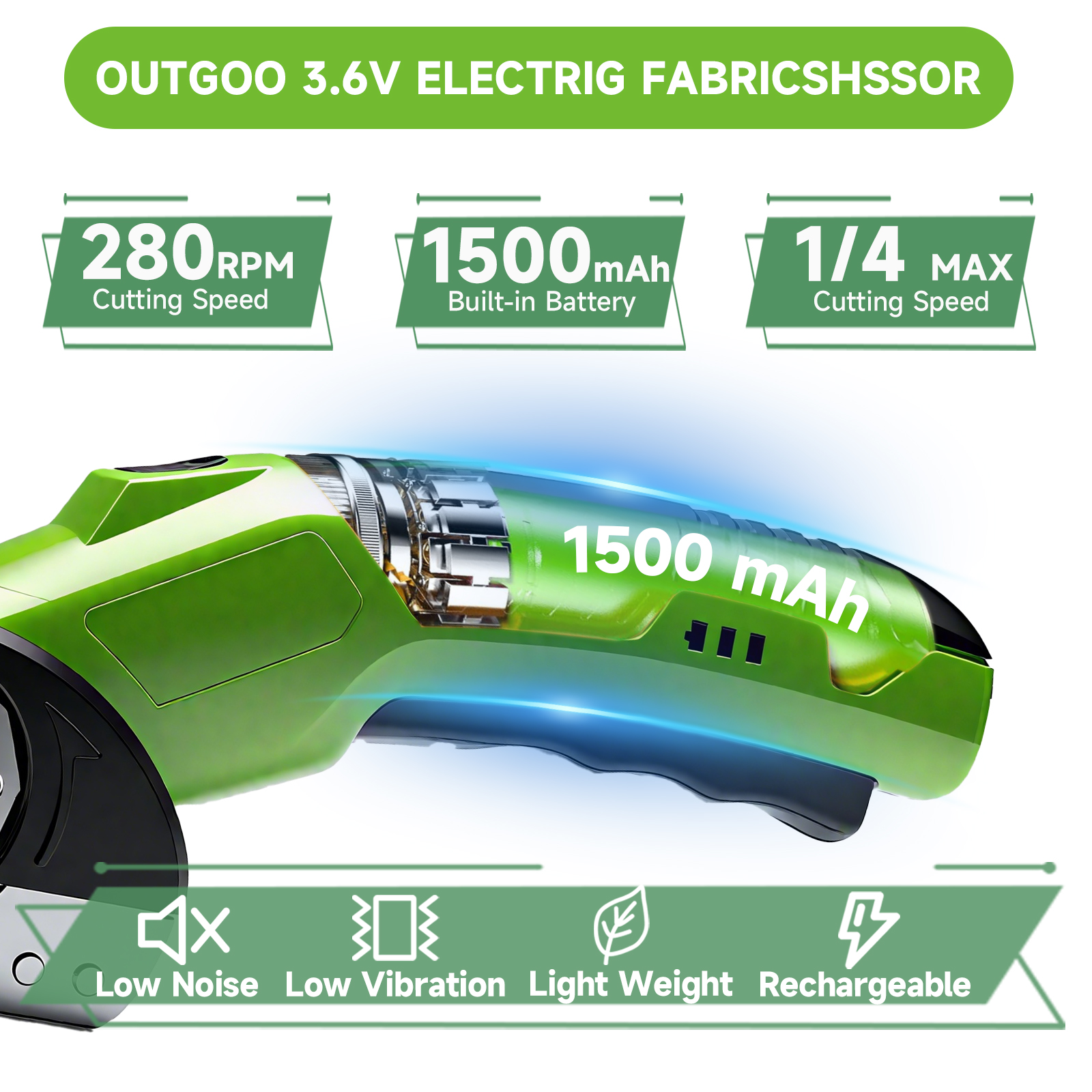 OUTGOO Cordless Electric Scissors, 3.5V Rechargeable Cardboard Box Cutter with Safety Lock & LED Light, Power Rotary Cutter for Fabric Carpet Leather