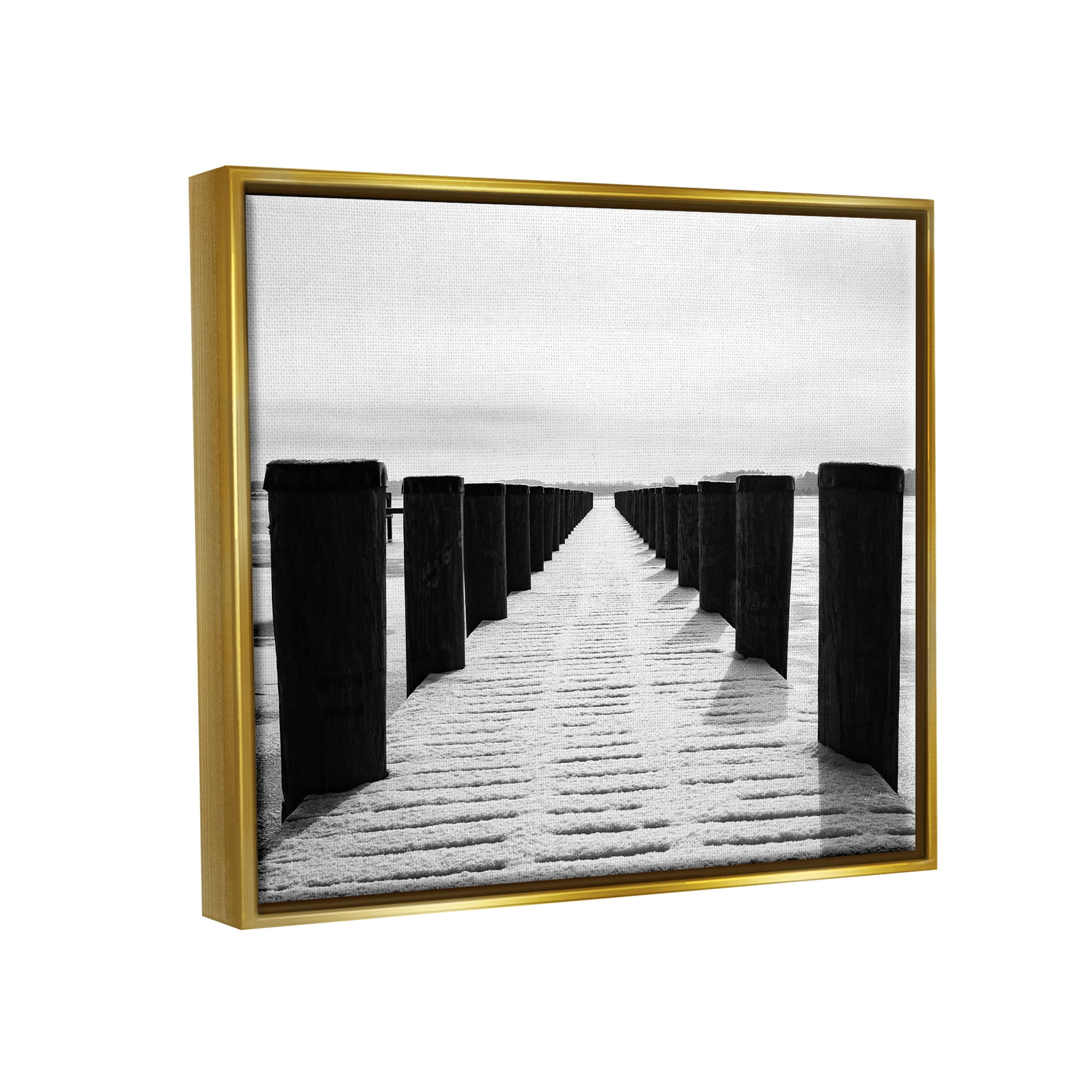 Stupell Industries Winter Dock Snowy Beach Photograph Metallic Gold Floating Framed Canvas Print Wall Art, Design by Aledanda