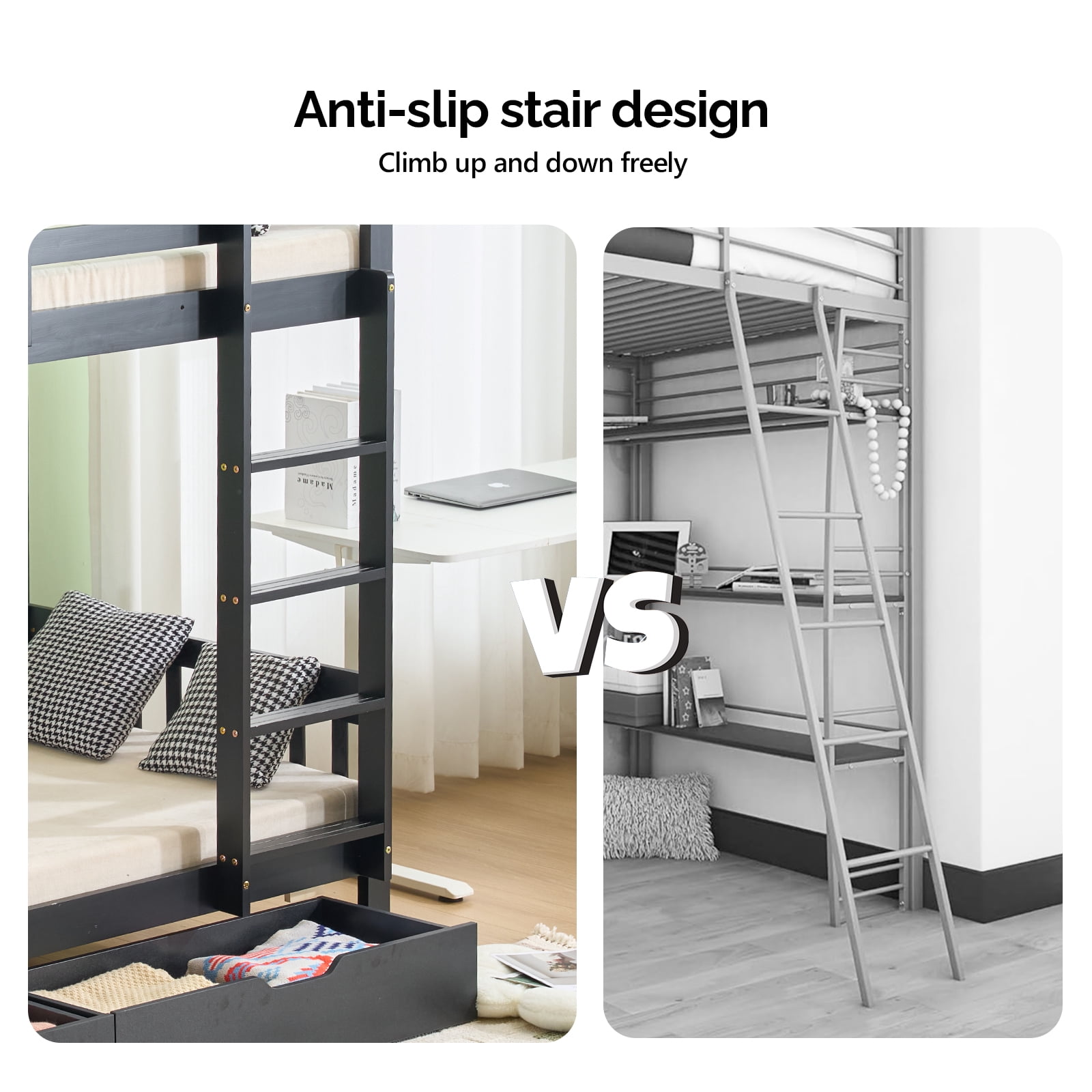 Ktaxon Solid Wood Twin-over-Twin Bunk Bed, Bunk Bed Frame with Guardrails & Charging Station, Black