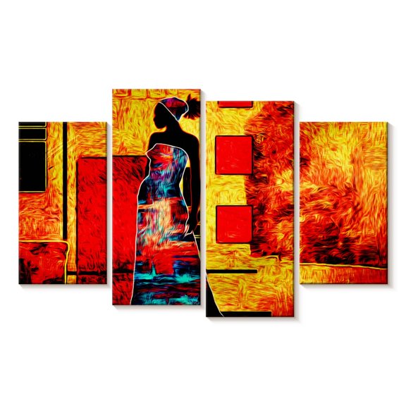 Elephant Stock Ethnic African Queen Wall Art - Horizontal Multi Panel Canvas - Living Room Wall Decor - People Multi Panel - Red And Black Decor - 68" x 42"