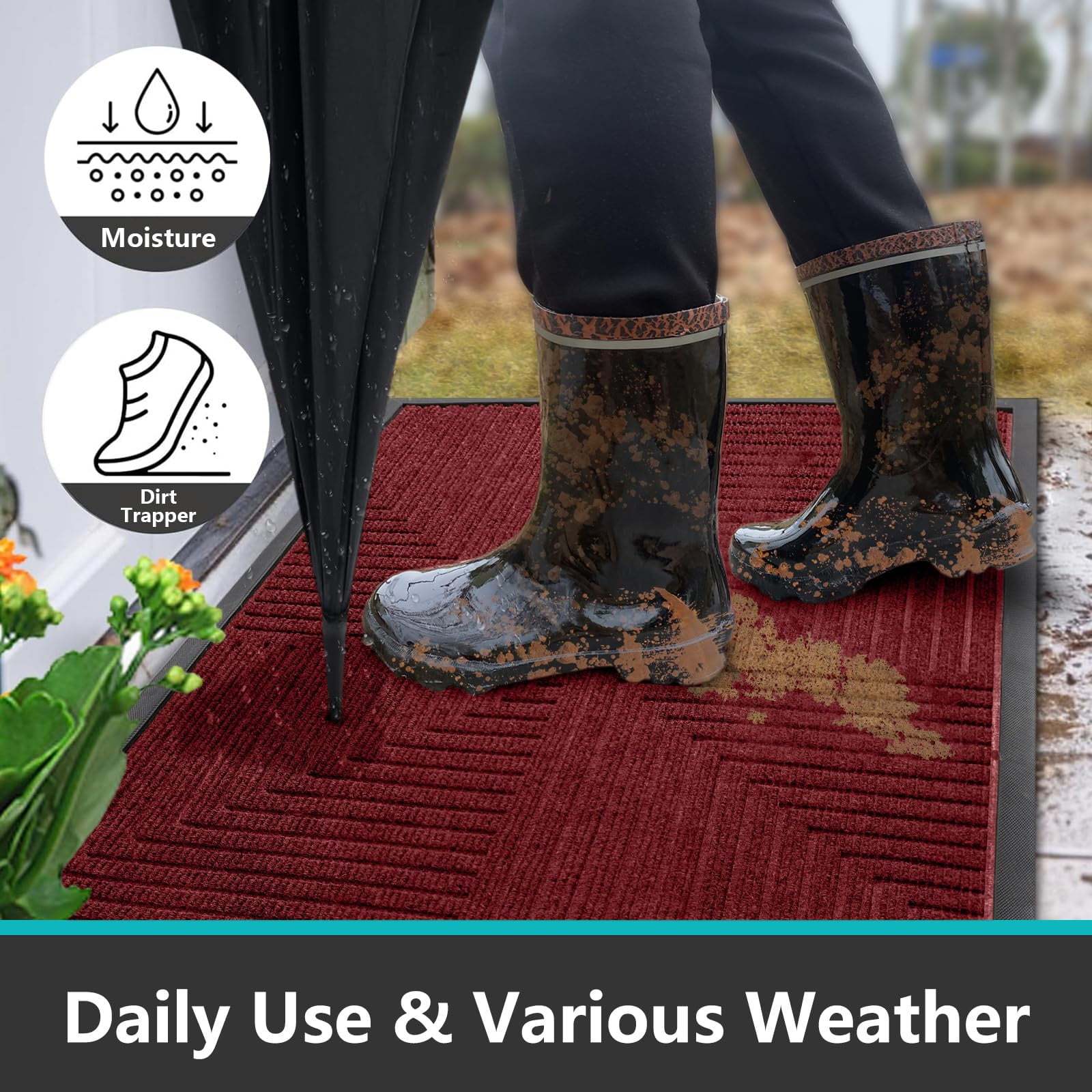 Buganda Heavy Duty Rubber Door Mat for Outside Entry, 17" x 29.5" Non-Slip Waterproof Doormat for Inside, Low Profile Dirt Trapper Doormat, Burgundy