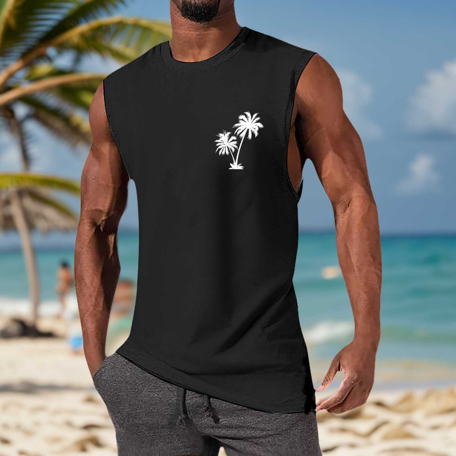 Débardeur Homme Motif Plage - Sans Manches Décontracté - 35% Coton 65% Polyester - Pour été, Vacances, Sport
