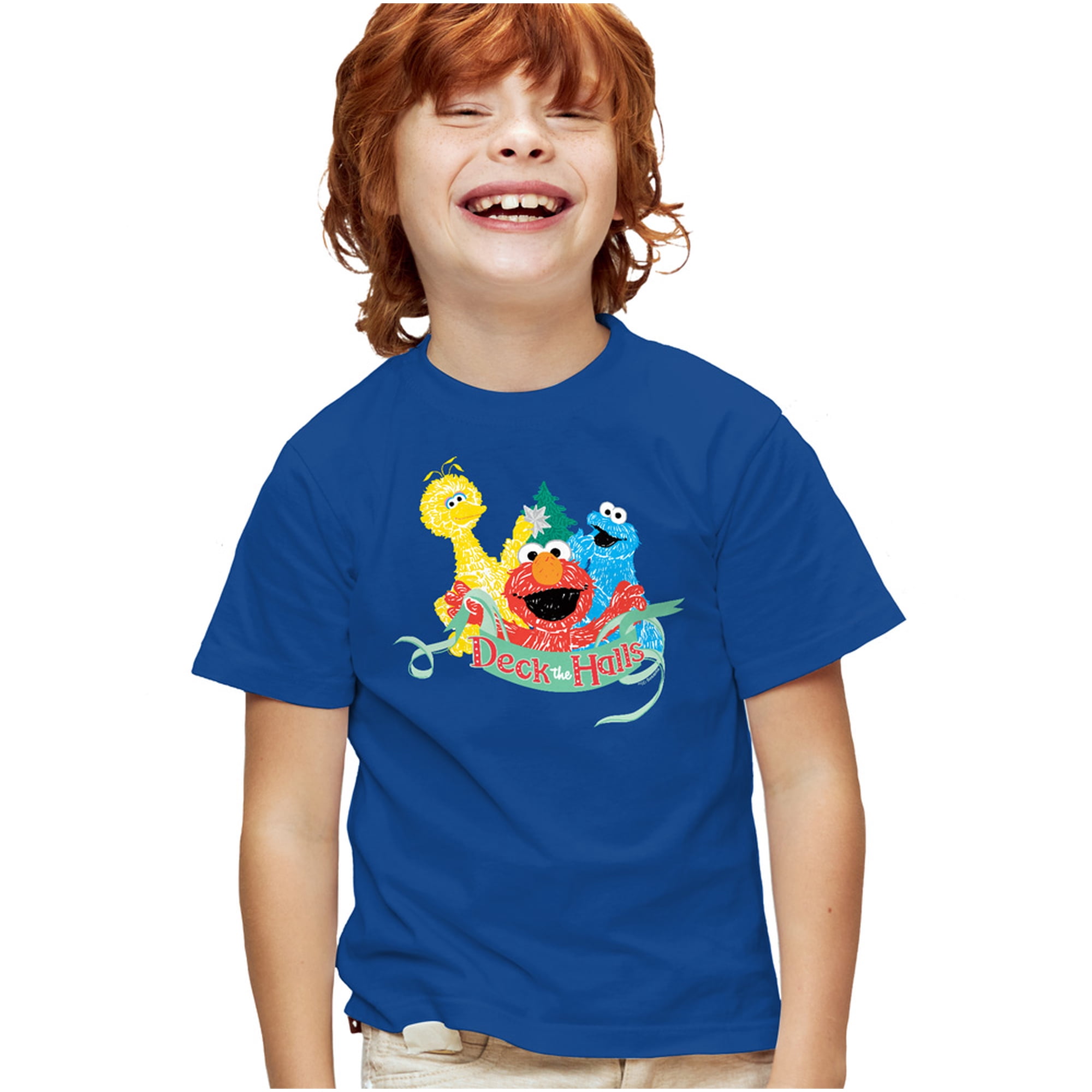 Sesame Street Christmas Deck The Halls Elmo, Cookie Monster Kids T Shirt for Youth Boys and Girls, Royal, Small