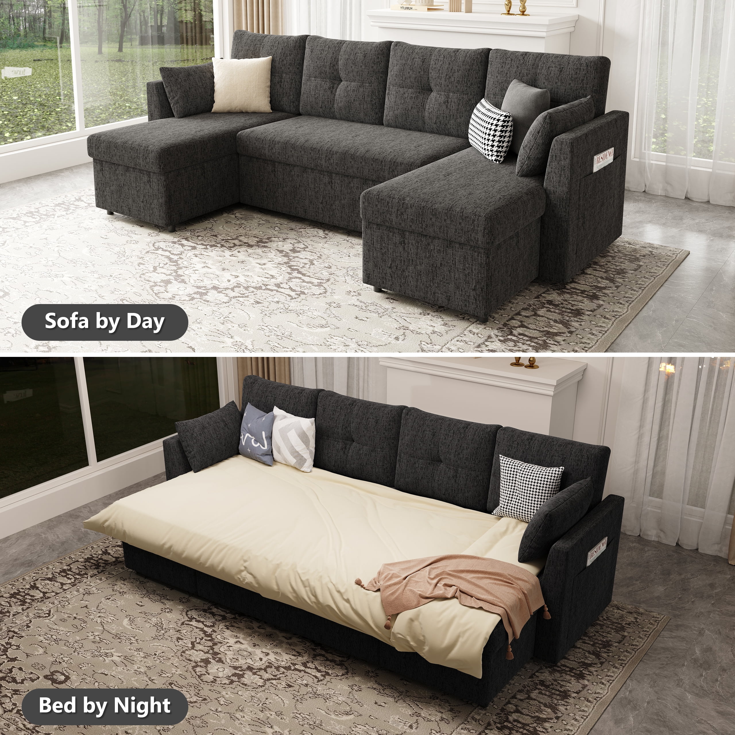 Mangodan 110 inch Sectional Oversized Sleeper Sofa with Side Pocket , Pullout Couch Bed with Double Storage Chaise, Black