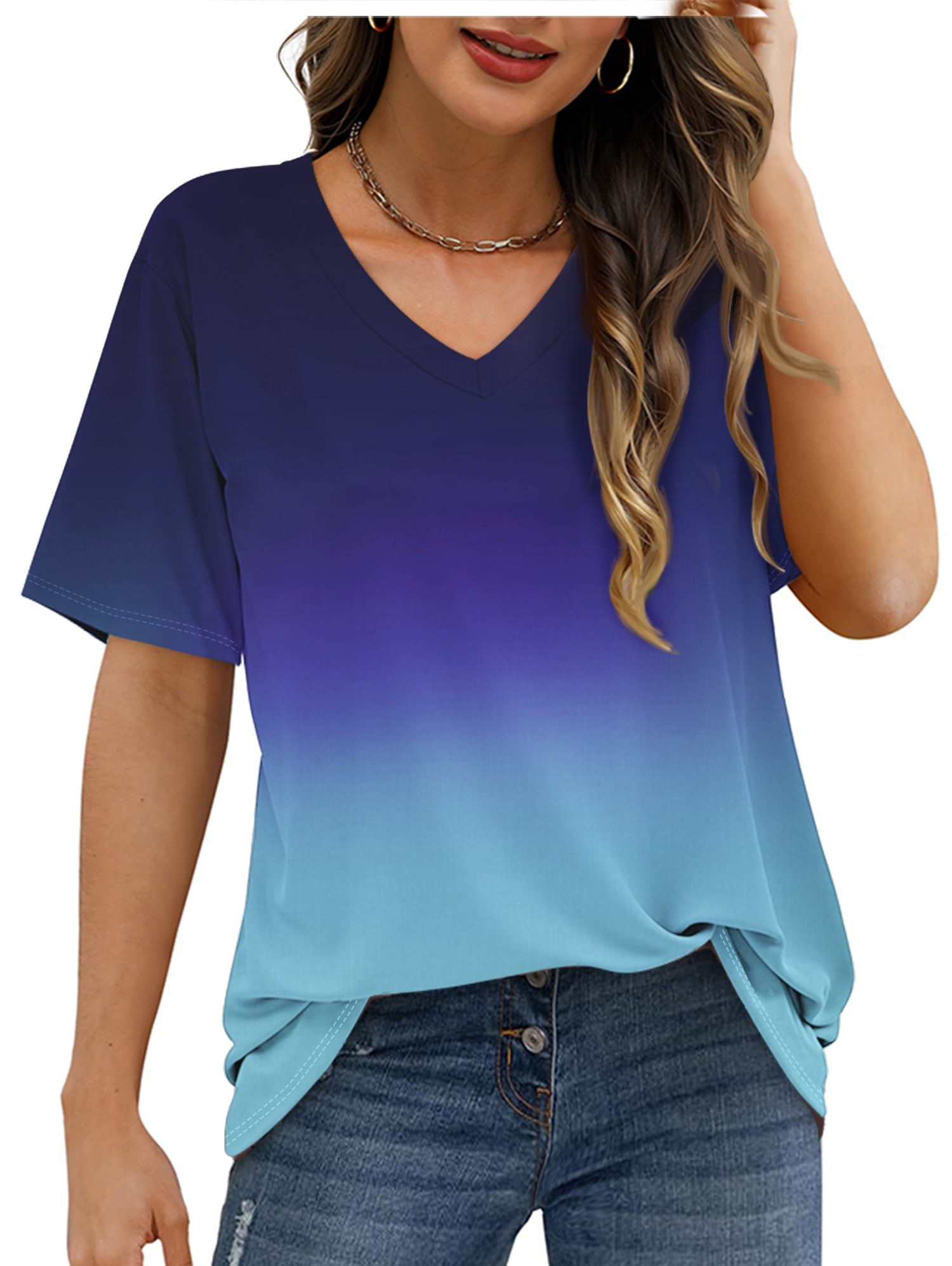 MOSHU Womens T-Shirts V Neck Short Sleeve Loose Tees Tops Casual Tie Dye Shirts for Women