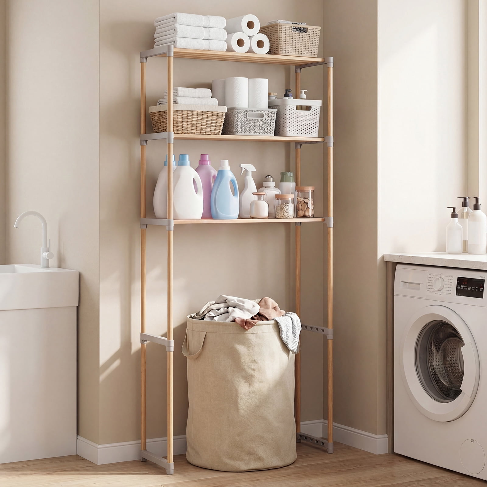 Gymax Over The Toilet Storage Rack 3-Tier Pine Wood Bathroom Organizer w/ Open Shelves