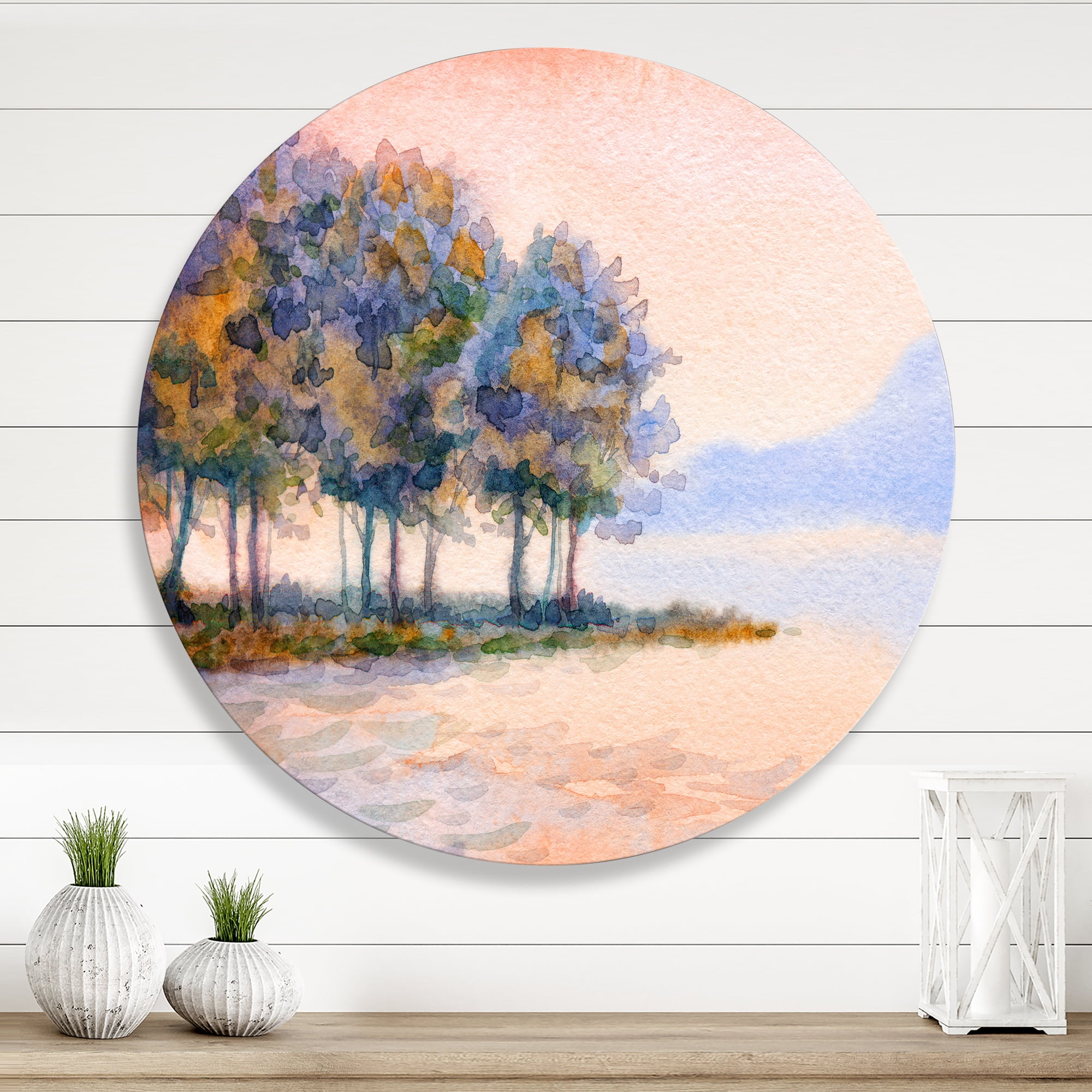 Designart 'The Rural Lake In Sunset Evening II' Traditional Circle Metal Wall Art 23x23 - Disc of 23