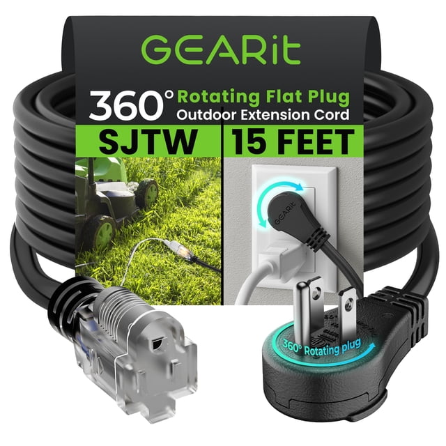Cable de extensión GearIt 360, enchufe giratorio de 15 pies, resistente al agua