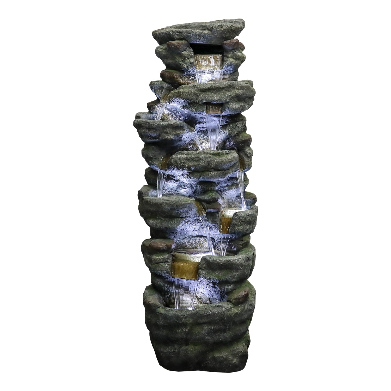 51" H Outdoor Water Fountain - 7-Tiers Rock Waterfall Fountain with LED Lights for Home Garden Decor