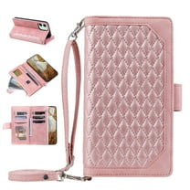 TECH CIRCLE Zipper Wallet Case for Apple iPhone 11 6.1 inch,Crossbody Shoulder Strap Card Pocket Shockproof Flip Kickstand Phone Cover with Wrist Strap,Rosegold