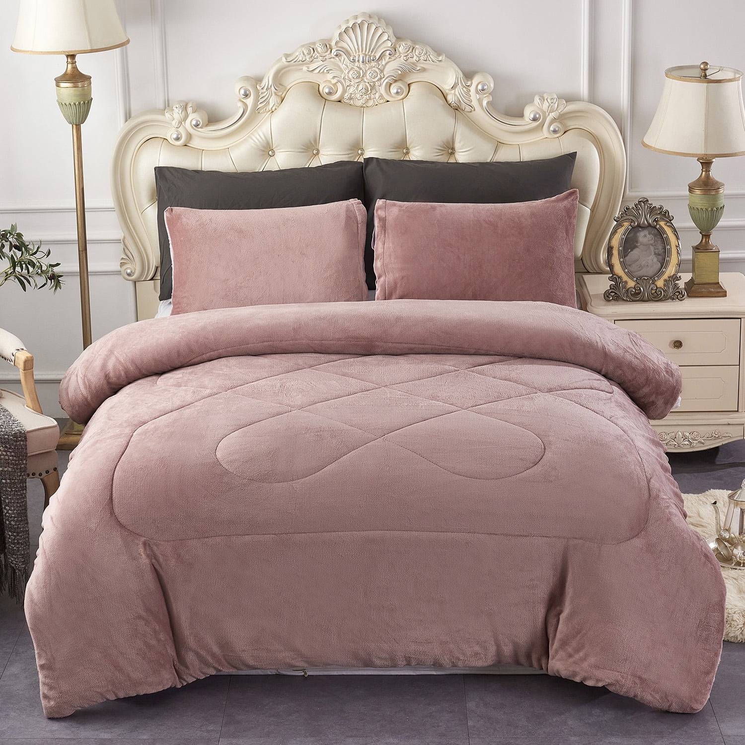 JML Sherpa Fleece Bed Blankets, Woodrose Thick Warm Borrego King Blanket for Bed, 79"x91"