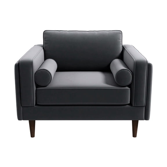 Brown Gray Velvet Chair - Square Arms Feature - Movie Time - Solid Frame