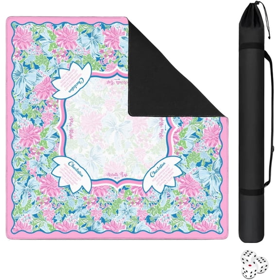 Floral American Mahjong Mat 31.5"x31.5", Thick Non-Slip Rubber Mahjong Table Mat with Carry Bag & 3 Dice, Quiet, Noise-Reducing Surface for Mahjong, Cards & Board Games