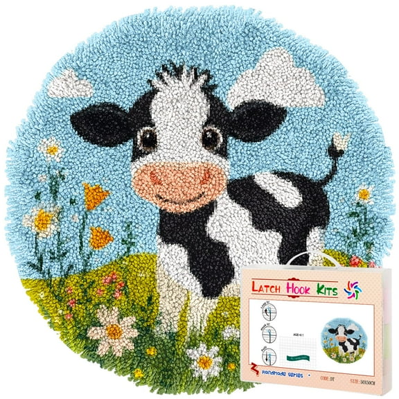 Latch Hook Rug Kit Cartoon Cute Dairy Cow in Wild Flowers Stamped Handmade Round Shape Carpet Crochet Yarn Craft DIY Hook and Latch Door Mat Tapestry for Home Floor Decor 50x50cm(4)
