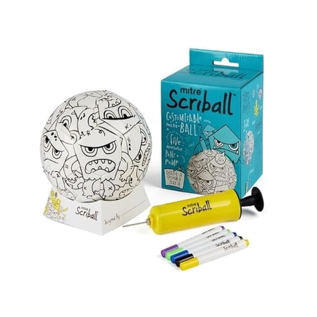Mitre Scriball Kids Coloring DIY Soccer Ball Pump & Display Stand - Mini Soccer Ball with 5 Markers - 3 Fun Character Designs - Creative Soccer Toy for Kids