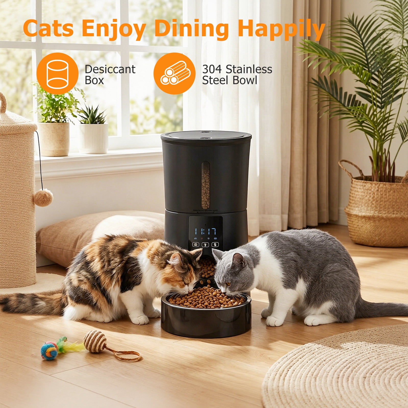 Atilioo Automatic Cat Feeder, 4L WiFi Pet Food Dispenser with App Control, Dry Food, Dual Power Supply, Timed Portion Control for Cats & Small Dogs, Black