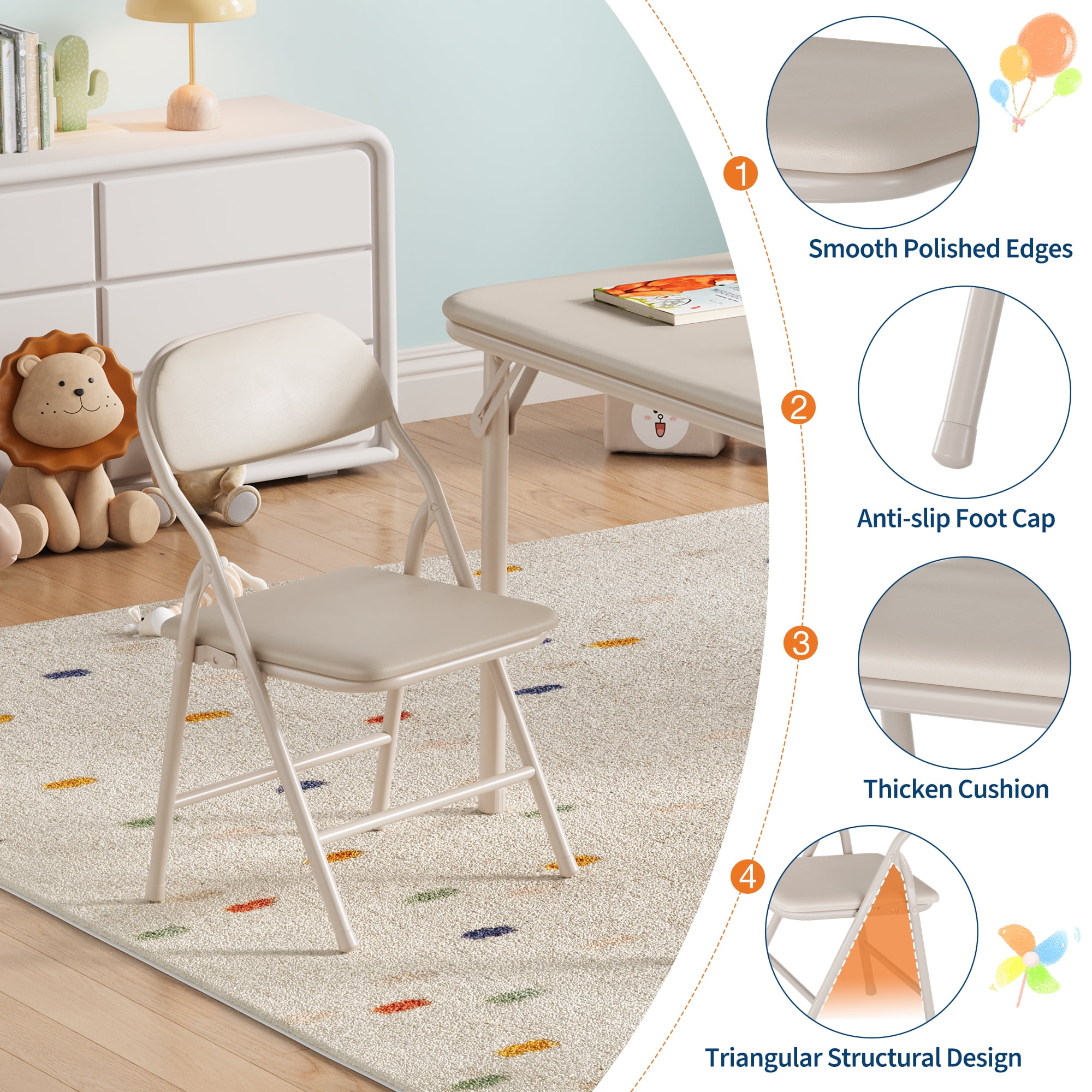 Towallmark 5-Piece Kids Activity Table and Chair Set, Folding Preschool Furniture, Collapsible for Study Room, Dining Room, Daycare, Beige