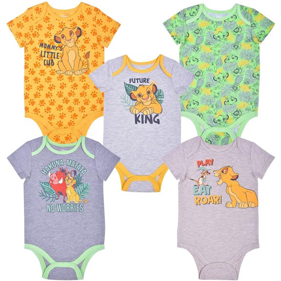 Disney 5 Pack Lion King Short Sleeve Babys Onesie Set, Simba and Friends Creeper Bundle, 3 Months Gray