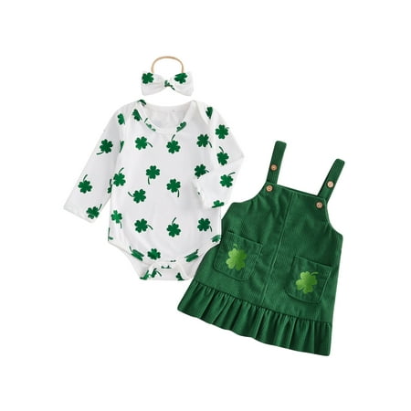 

Lesimsam Toddler Girls 3PCS Set 3M 6M 9M 12M 18M 2T 3T 4T Strawberry/Four Leaf Clover Long Sleeve Romper Ruffled Corduroy Overalls Skirt Headband Infant Clothing