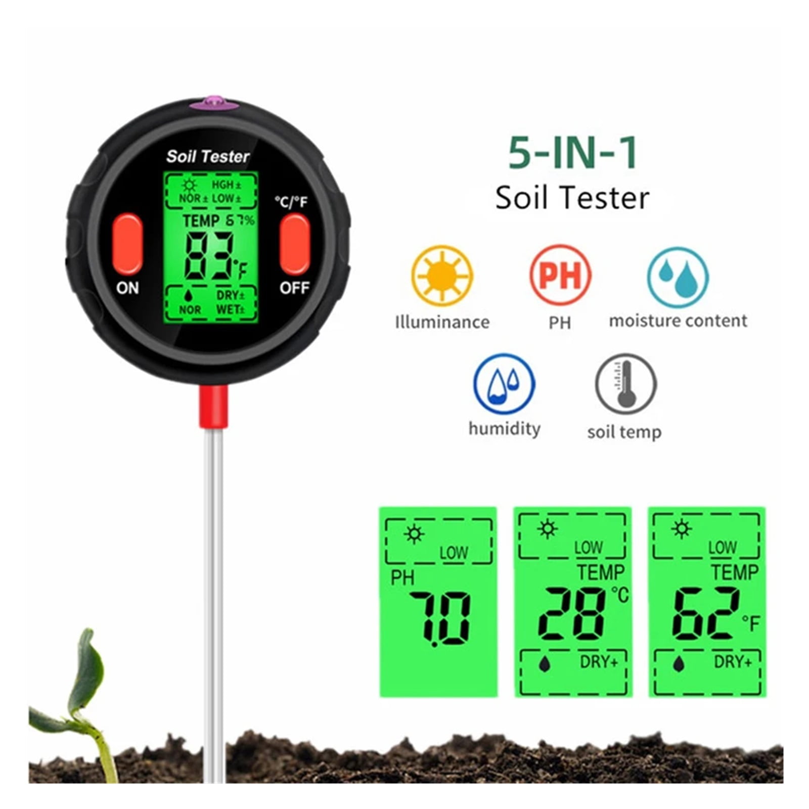 5-in-1 Pot Soil Tester PH Analyzer Meter Thermometer/Moisture/Acidity PH/Humidity Sensor For Garden Plant Soil PH Tool