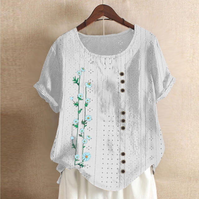 Blouses pour Femmes, Mode Féminine Imprimée Confortable Ample Manches Courtes Blouse Boutonnée Col Rond Décontracté