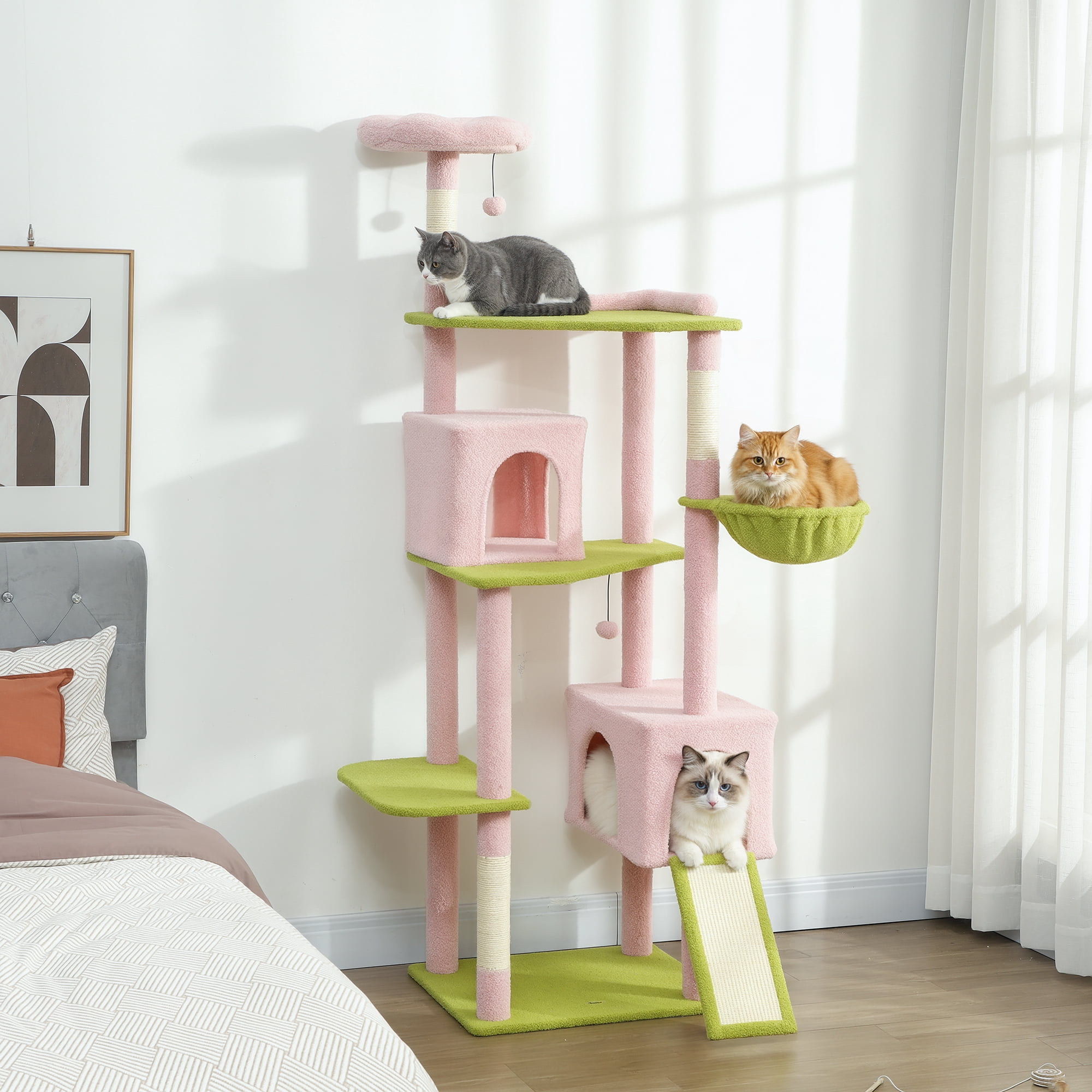 73.6in Multi-Level Flower Design Cat Tree, Pink Cream White Cat Condo with Hammock Sisal Scratching Posts, Stable Cat Activity Tower for 2-3 Cats