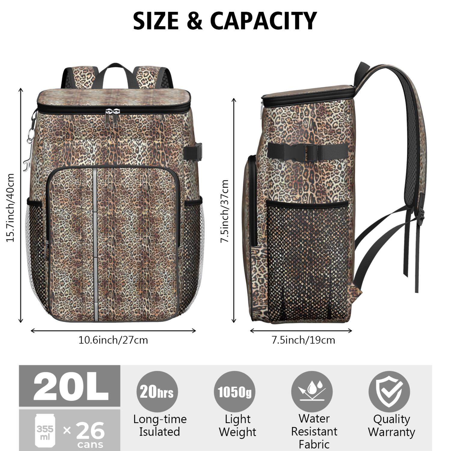 Travel Cooler Bag - Brown and Black Leopard Print Camping Beer Cooler Backpack with Bottle Opener- Waterproof Insulated Picnic Backpacks - Cooler Bag for Beach