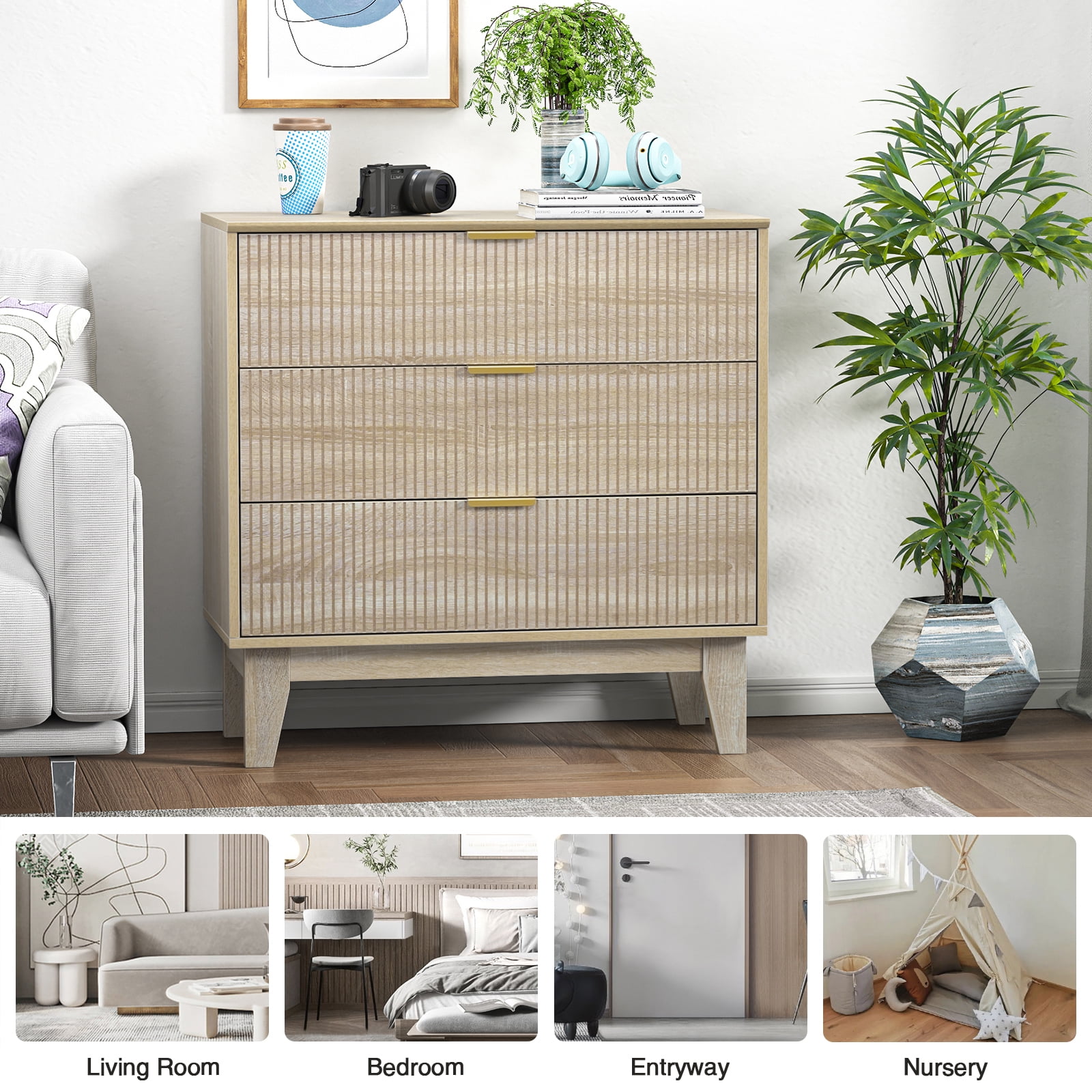Eumyviv 3 Drawer Dresser Chest of Drawers for Bedroom,  Mid Century Modern Wood Oak Closet Storage Dresser Suitable for Living Room, Nursery, and Hallway