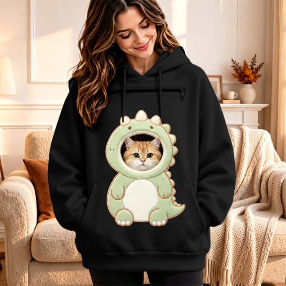 CUZIBR Pet Cuddle Pouch Hoodie Women'S Oversized Hoodies Cartoon Animal Hooded Long Sleeve Lovely Daily Tops,Black,XXL