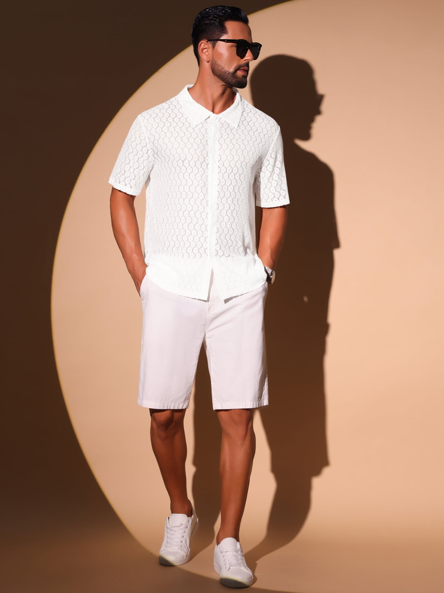 DARING DIVA Men's Sheer Hollow Lace Button Down Disco Party Shirt XL White