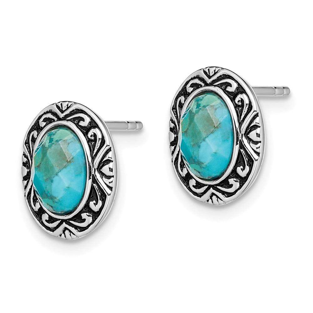 Turquoise Post Earrings Details about   925 Sterling Silver Rhodium/Oxidized w/Recon 