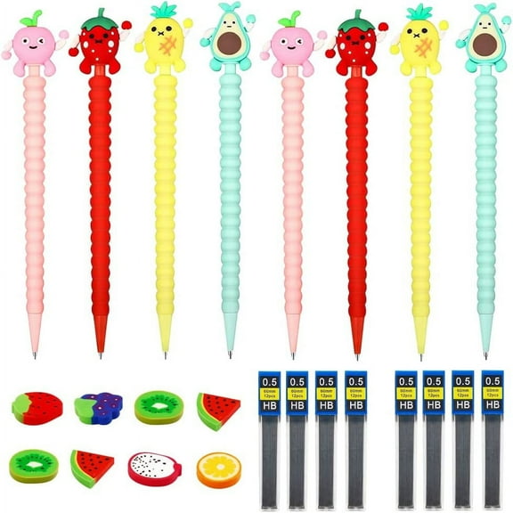 RETON 24PCS Mechanical Pencil Set, 8PCS Cute Fruit Cartoon Pencil 8PCS HB Pencil Refills and 8PCS Cute Fruit Eraser, Perfect Office Supply for Paint Worker (0.5 mm)