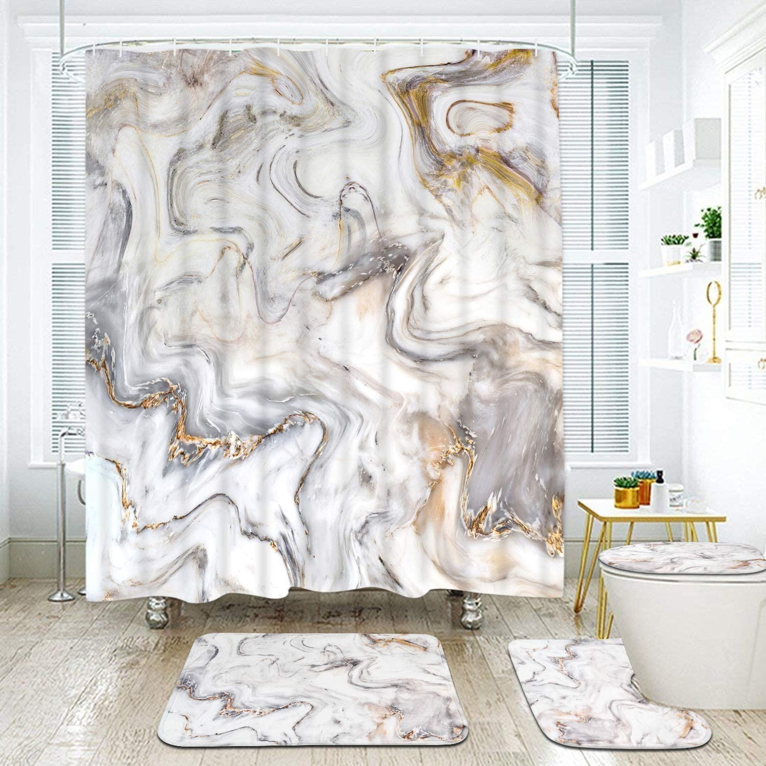 FRAMICS Natural Marble Shower Curtain and Rug Sets, 16 Pc Modern Abstract Bathroom Sets, Beige Waterproof Fabric Shower Curtain with 12 Hooks and Toilet Rugs