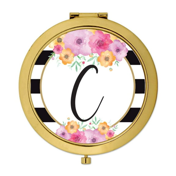 Koyal Wholesale Compact Mirror Bridesmaid's Wedding Gift, Gold, Monogram Letter C, Modern Black White Stripes , 1-Pack