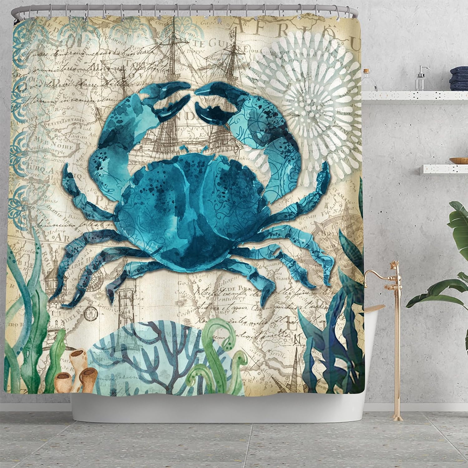 4Pcs Sea Crab Waterproof Shower Curtain Sets,Ocean Bathroom Sets with Shower Curtain, Toilet Lid Rug, Contour Mat and Bath Mat, 12 Hooks Gift for Bathroom Set Decor