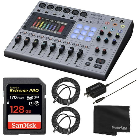 Zoom PodTrak P8 Multitrack Podcast Recorder + 128GB Extreme PRO UHS-I SDXC Memory Card + 2x Mic Cable XLR-M to XLR-F + Cleaning Cloth - Great Podcasting Bundle