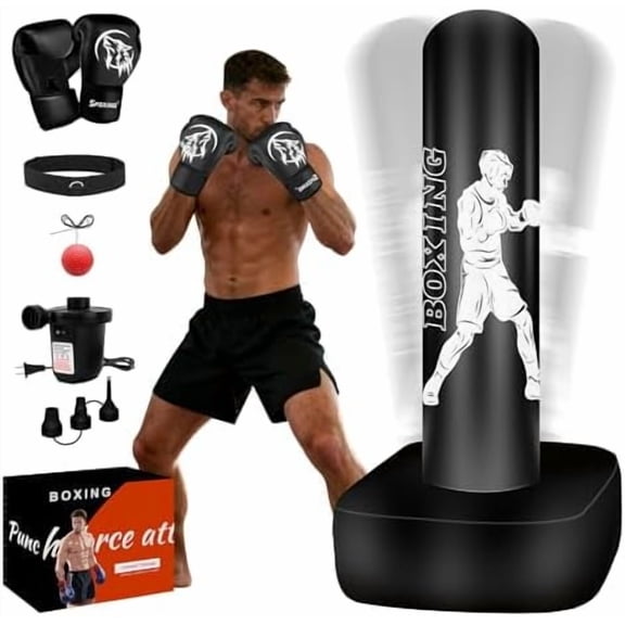 Punching Bag for Adults, 70" Boxing Bag with Stand, Freestanding Heavy Bag with Boxing Gloves, Reflex Ball Set, Kickboxing Bag Training Equipment for Muay Thai, MMA, Gym, Training, Fitness