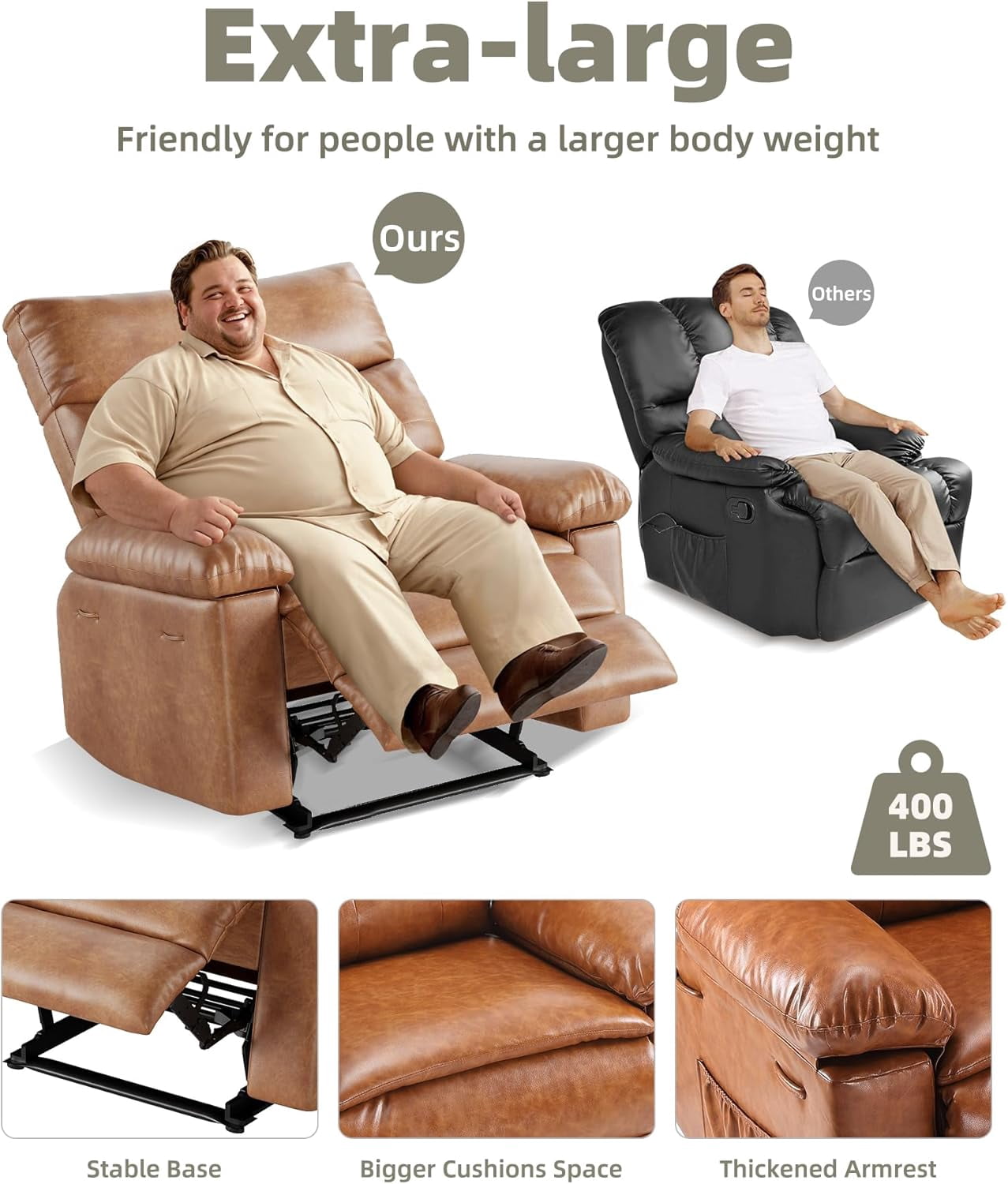 Oversized Wide Recliner Chair - Heat and Massage, PU Leather Extra Wide Manual Recliner for Adults, Large Lazy Chair with 1.5X Sponge Comfort Arm and Back for Living Room, Bedroom