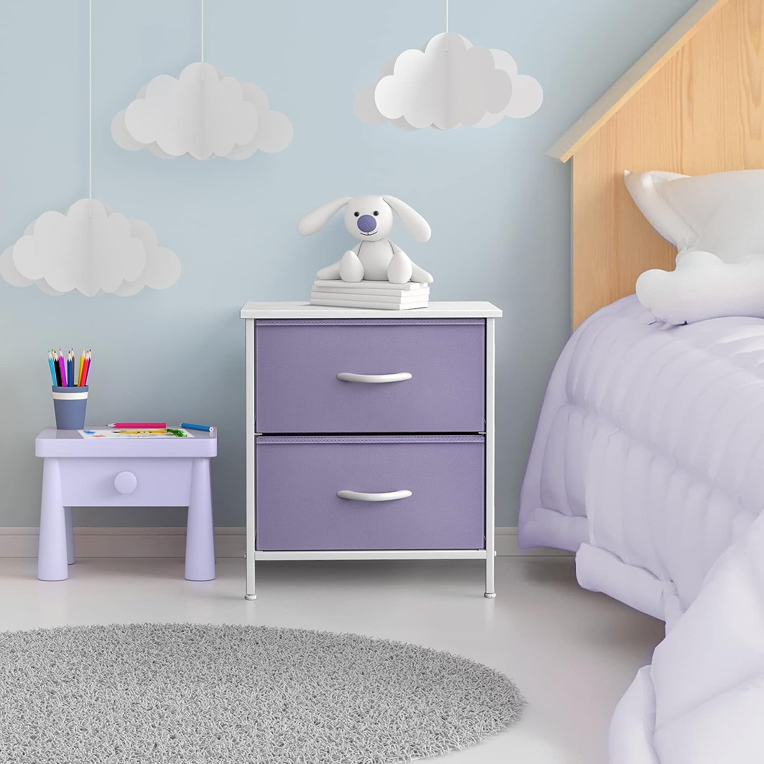 Sorbus Nightstand with 2 Drawers, Steel Frame, Wood Top, Fabric Bins, Purple