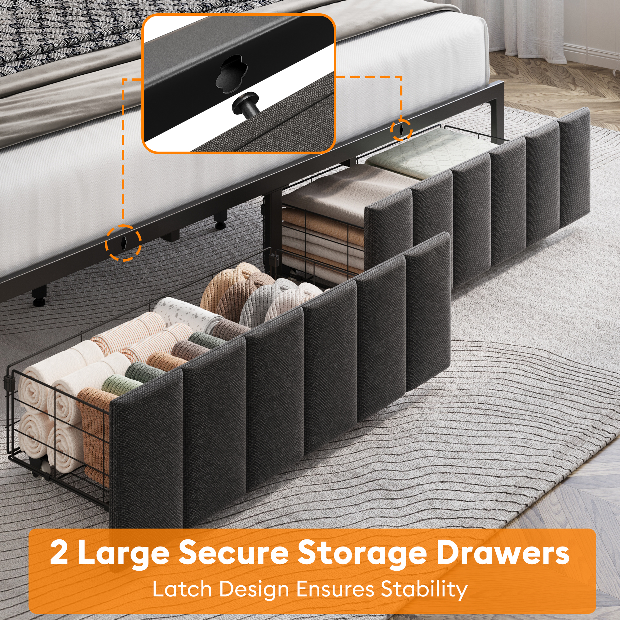 King Bed Frame with Storage, Upholstered Bed Frame with LED Lights Headboard and 2 Drawers, King Size Bed with Charging Station, Noise-Free, No Box Spring Needed, Easy Assembly, Grey