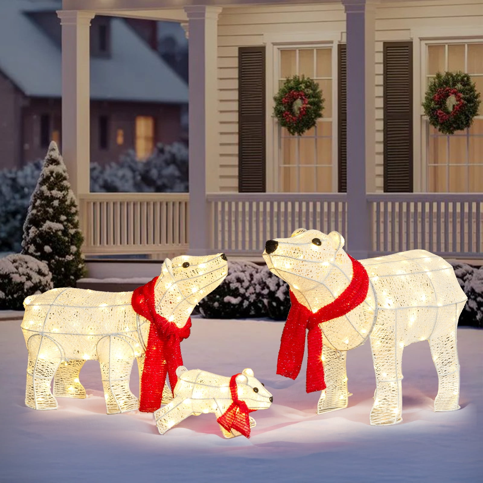 Astoutdoor Set of 3 Lighted Polar Bear Family Christmas Decorations, Pre-lit with 190 Warm White LED Lights, Indoor Outdoor Holiday Display
