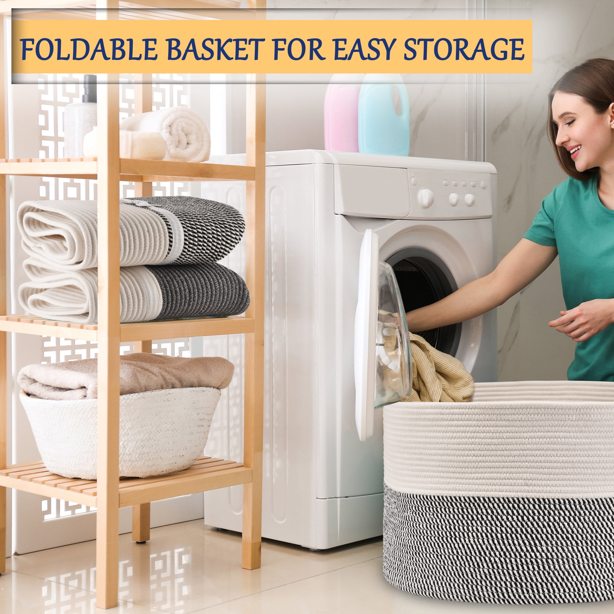 Blanket Basket Living Room,22" x 22"x14",XXXL Storage Baskets,Woven Rope Baskets for Storage,Large Basket with Storage Bag,Baby Laundry Basket,Toy Basket with Handle,Clothes Hamper (Black)