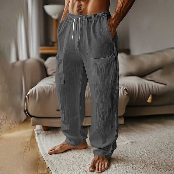 qelini Linen Pants Men Baggy Fit Elastic Drawstring Waist Loose Pockets Trousers Straight Leg Solid Color Long Pants