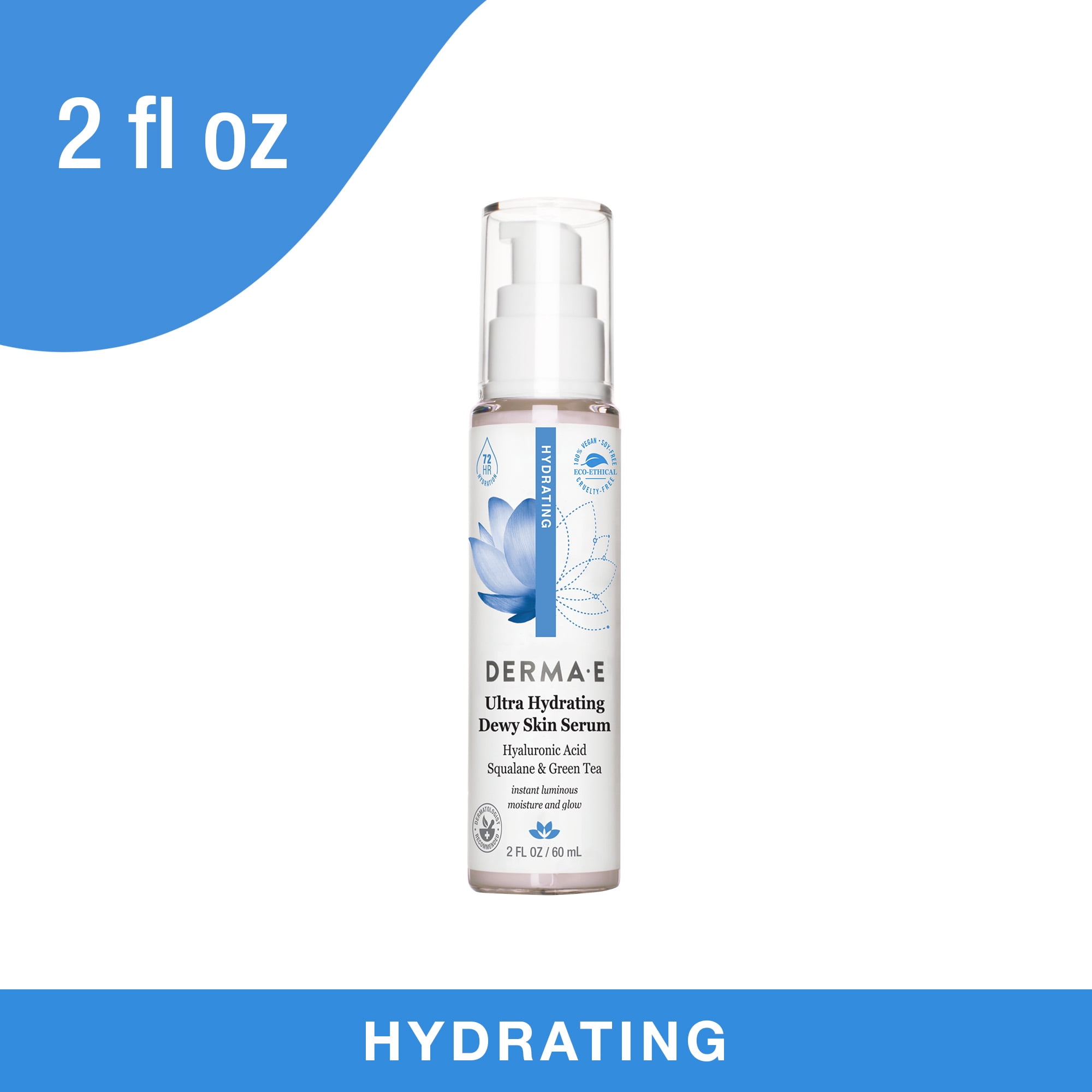DERMA E Ultra Hydrating Dewy Skin Hyaluronic Acid Serum for Face, Anti-Aging Squalane, Vegan, 2 oz